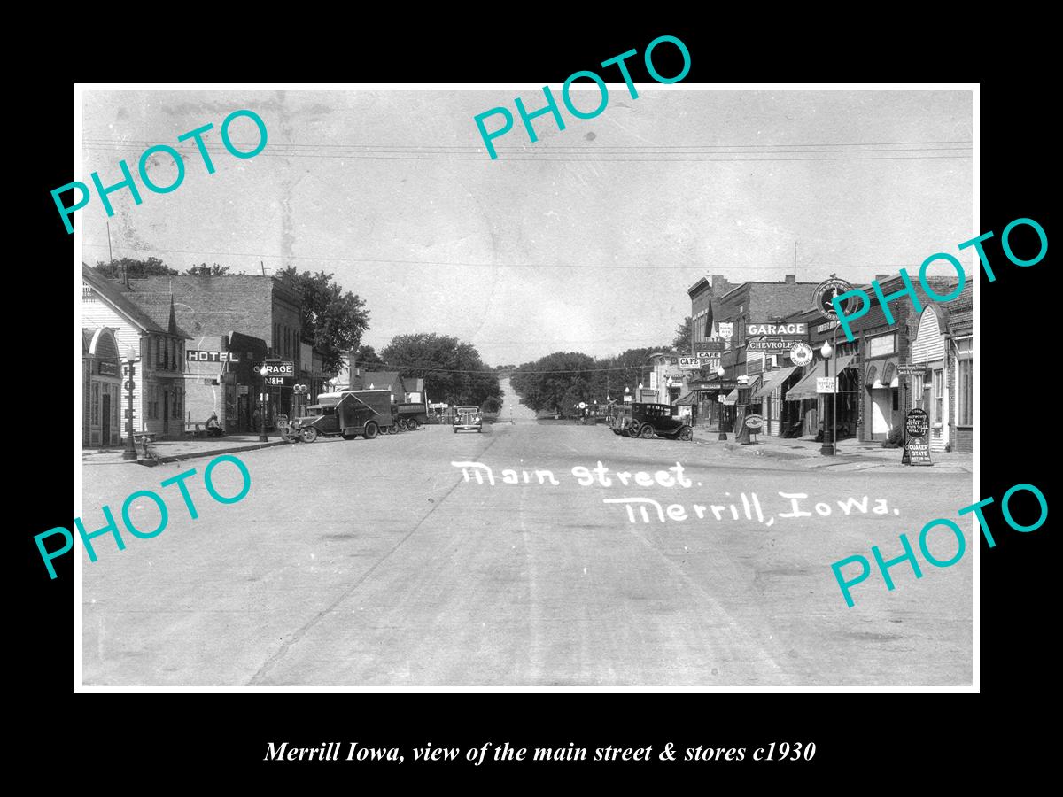 OLD LARGE HISTORIC PHOTO OF MERRILL IOWA, VIEW OF THE MAIN ST & STORES c1930