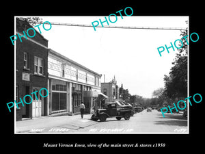 OLD LARGE HISTORIC PHOTO OF MOUNT VERNON IOWA, VIEW OF MAIN ST & STORES c1950