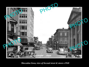 OLD LARGE HISTORIC PHOTO OF MUSCATINE IOWA, VIEW OF SECOND ST & STORES c1940