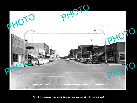 OLD LARGE HISTORIC PHOTO OF NASHUA IOWA, VIEW OF THE MAIN ST & STORES c1960