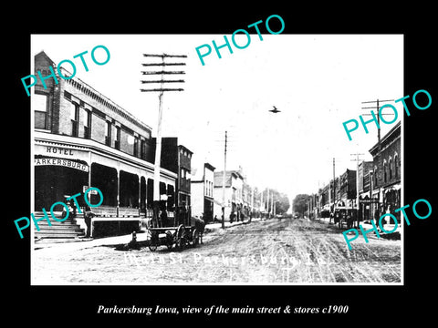 OLD LARGE HISTORIC PHOTO OF PARKERSBURG IOWA, VIEW OF THE MAIN ST & STORES c1900