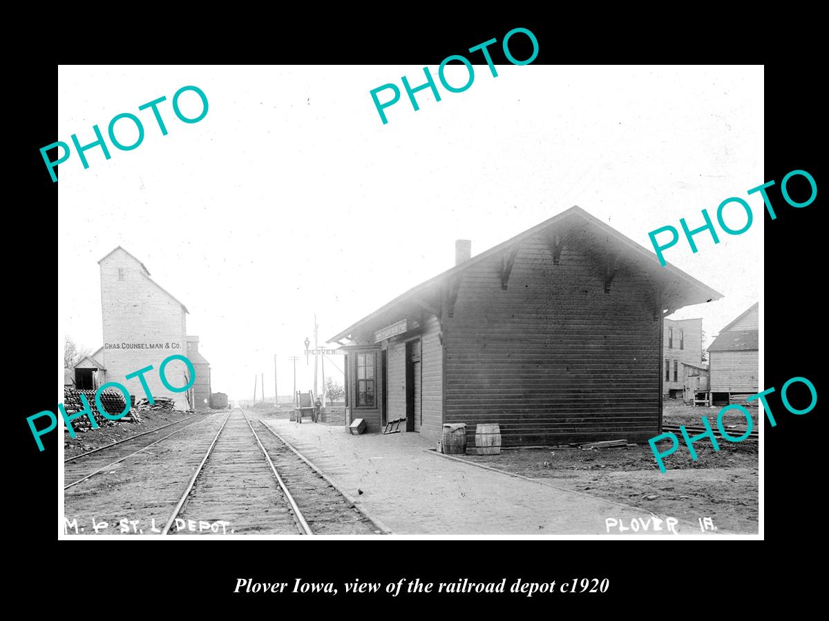 OLD LARGE HISTORIC PHOTO OF PLOVER IOWA, VIEW OF THE RAILROAD DEPOT c1920