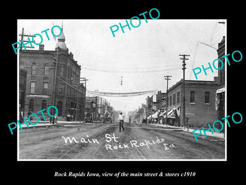 OLD LARGE HISTORIC PHOTO OF ROCK RAPIDS IOWA, VIEW OF THE MAIN ST & STORES c1910