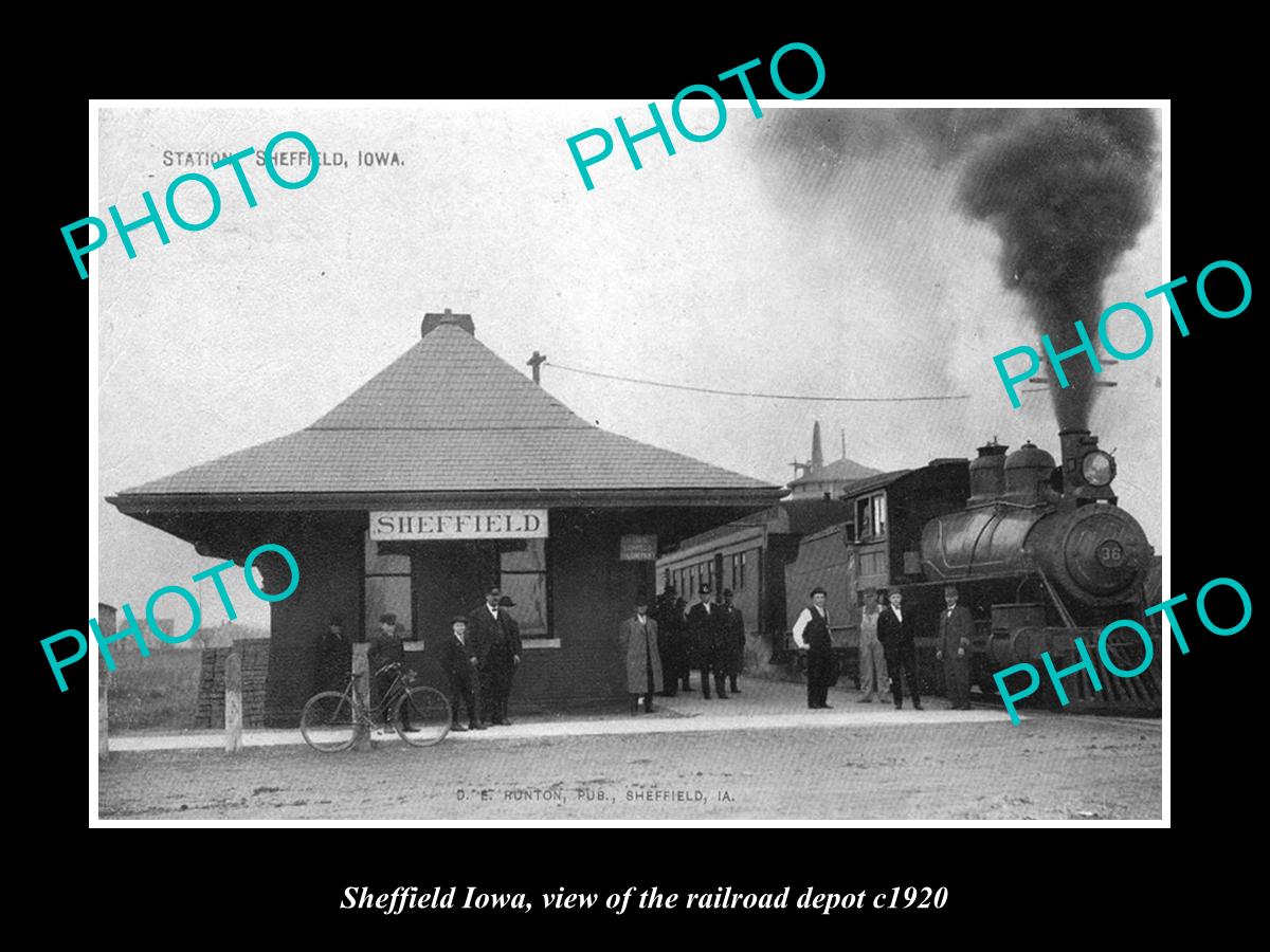 OLD LARGE HISTORIC PHOTO OF SHEFFIELD IOWA, VIEW OF THE RAILROAD DEPOT c1920