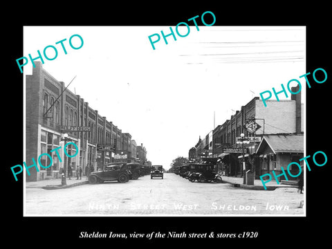 OLD LARGE HISTORIC PHOTO OF SHELDON IOWA, VIEW OF NINTH ST & STORES c1920