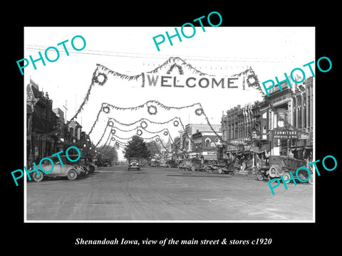 OLD LARGE HISTORIC PHOTO OF SHENANDOAH IOWA, VIEW OF THE MAIN ST & STORES c1920