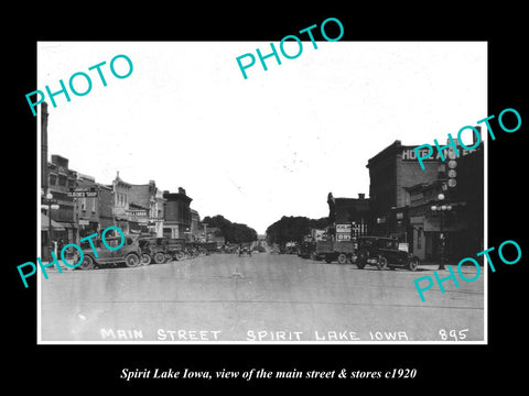 OLD LARGE HISTORIC PHOTO OF SPIRIT LAKE IOWA, VIEW OF THE MAIN ST & STORES c1920