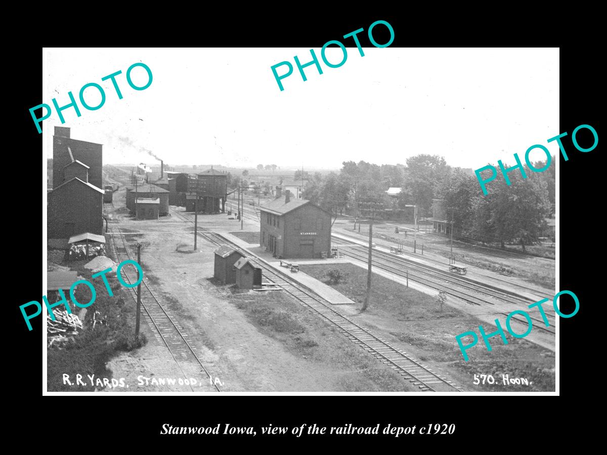 OLD LARGE HISTORIC PHOTO OF STANWOOD IOWA, VIEW OF THE RAILROAD DEPOT c1920