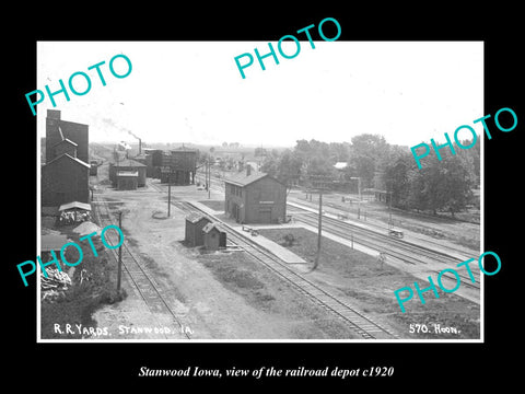 OLD LARGE HISTORIC PHOTO OF STANWOOD IOWA, VIEW OF THE RAILROAD DEPOT c1920