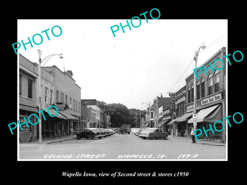 OLD LARGE HISTORIC PHOTO OF WAPELLO IOWA, VIEW OF SECOND ST & STORES c1950