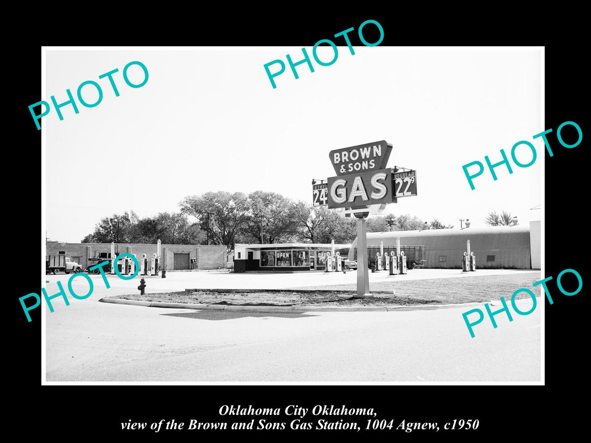 OLD LARGE HISTORIC PHOTO OF OKLAHOMA CITY OK, THE BROWN & SONS GAS STATION c1950