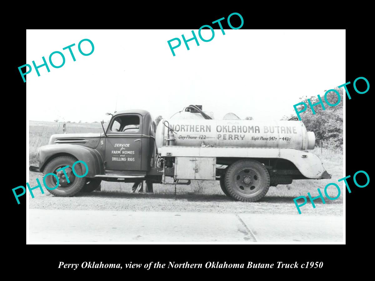 OLD LARGE HISTORIC PHOTO OF PERRY OKLAHOMA, VIEW OF THE BUTANE TRUCK c1950