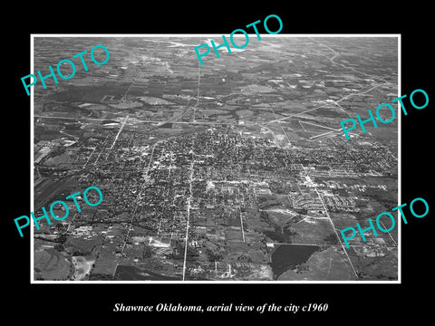 OLD LARGE HISTORIC PHOTO OF SHAWNEE OKLAHOMA, AERIAL VIEW OF THE TOWN c1960