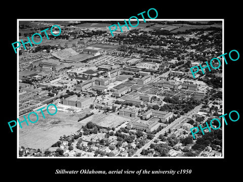 OLD LARGE HISTORIC PHOTO OF STILLWATER OKLAHOMA, AERIAL VIEW OF UNIVERSITY c1950