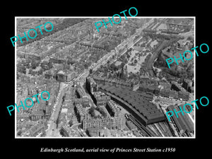 OLD LARGE HISTORIC PHOTO OF EDINBURGH SCOTLAND, AERIAL VIEW PRINCES STATION 1950