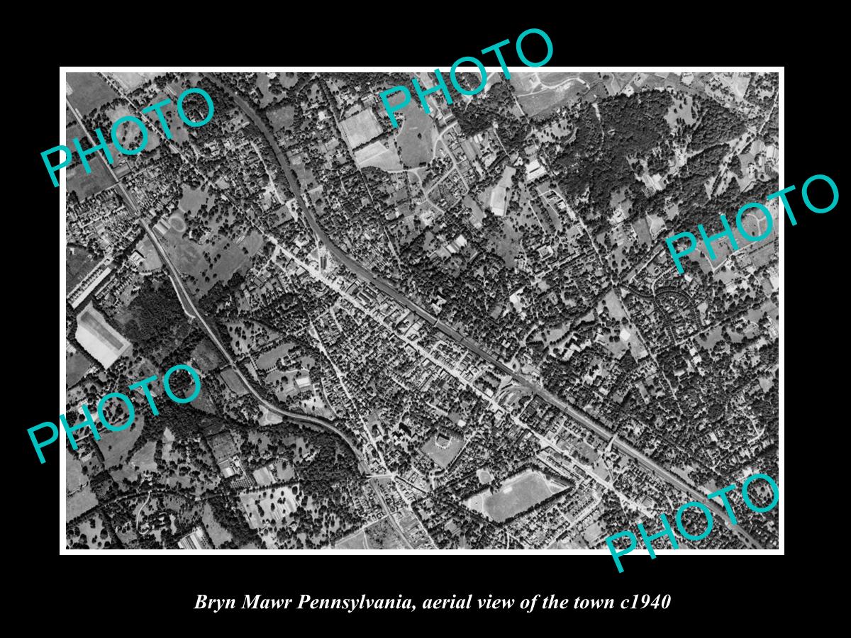 OLD LARGE HISTORIC PHOTO BRYN MAWR PENNSYLVANIA USA, AERIAL VIEW OF TOWN c1940