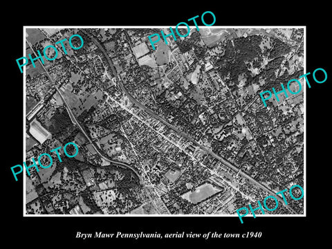 OLD LARGE HISTORIC PHOTO BRYN MAWR PENNSYLVANIA USA, AERIAL VIEW OF TOWN c1940