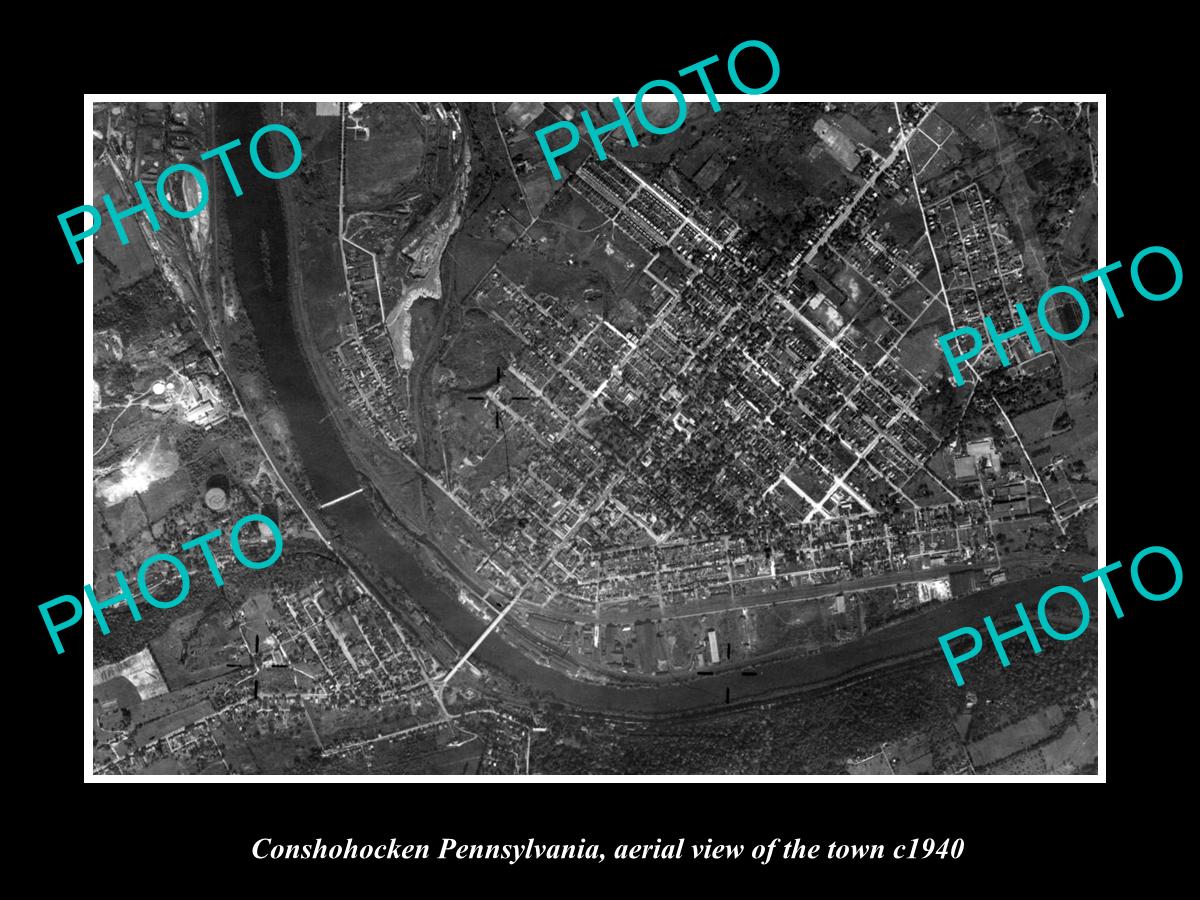 OLD LARGE HISTORIC PHOTO CONSHOHOCKEN PENNSYLVANIA USA, AERIAL VIEW OF TOWN 1940