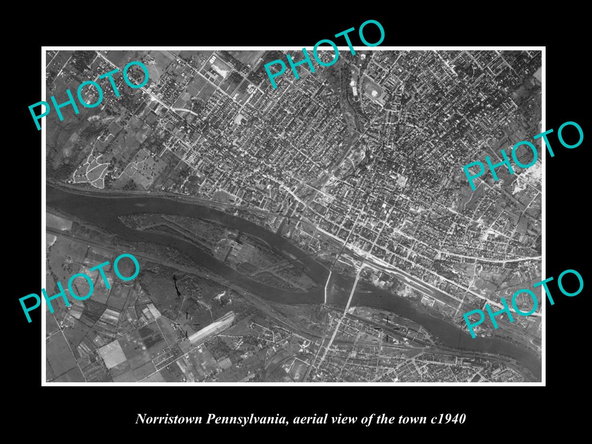 OLD LARGE HISTORIC PHOTO NORRISTOWN PENNSYLVANIA USA, AERIAL VIEW OF TOWN c1940