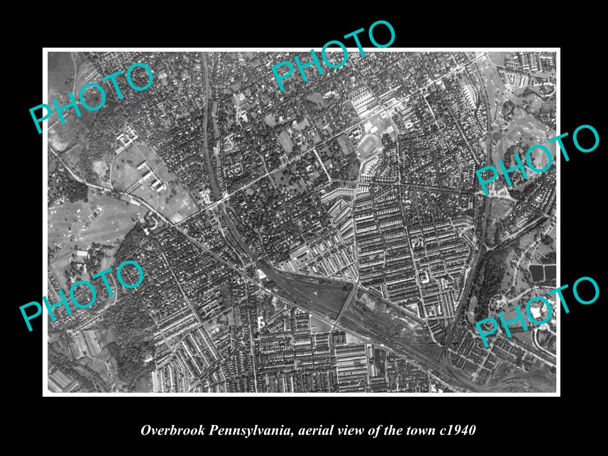 OLD LARGE HISTORIC PHOTO OF OVERBROOK PENNSYLVANIA USA, AERIAL VIEW OF TOWN 1940