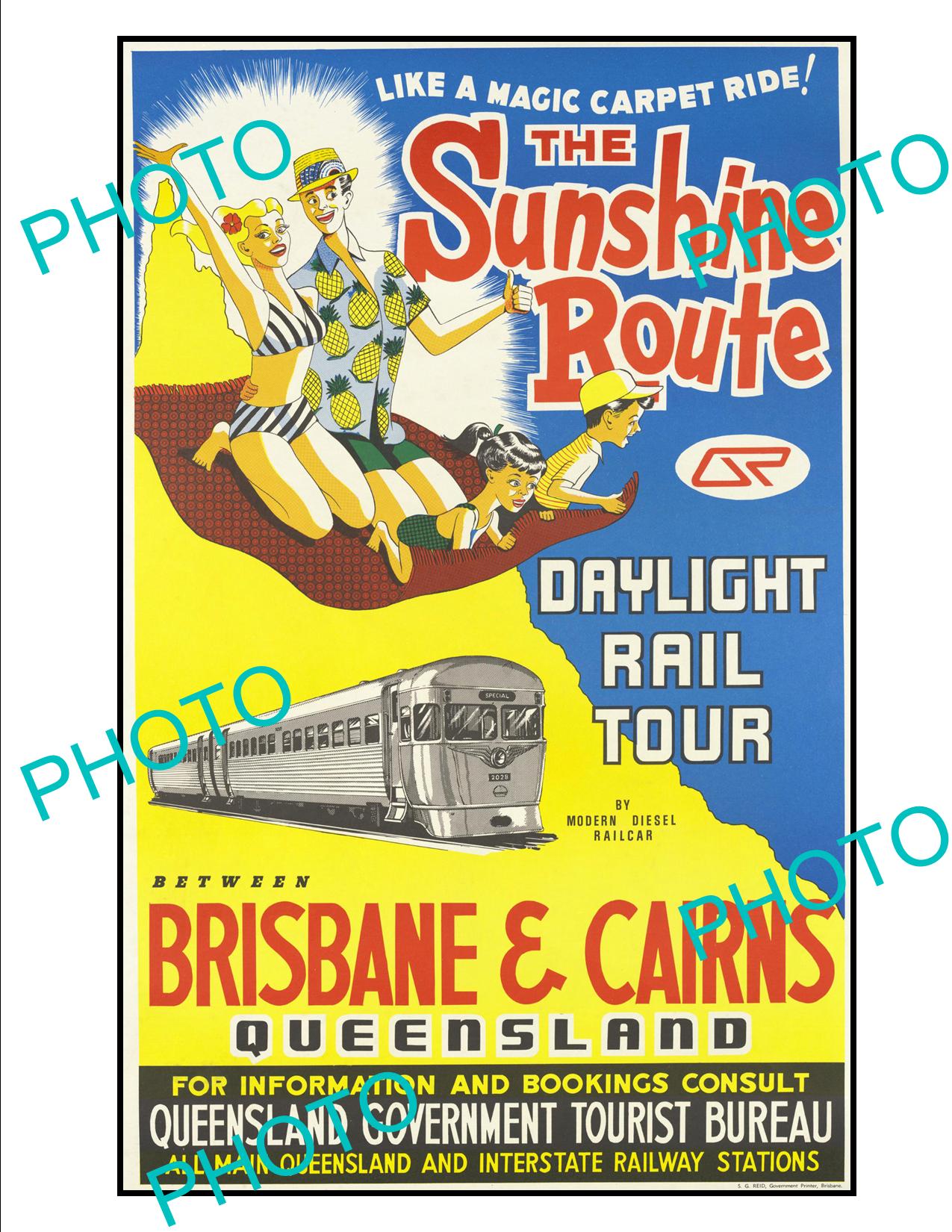 OLD LARGE HISTORIC QUEENSLAND RAILWAYS SUNSHINE ROUTE POSTER, BRIS - CAIRNS 1960