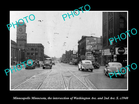 OLD LARGE HISTORIC PHOTO OF MINNEAPOLIS MINNESOTA VIEW OF WASHINGTON & 2nd c1940