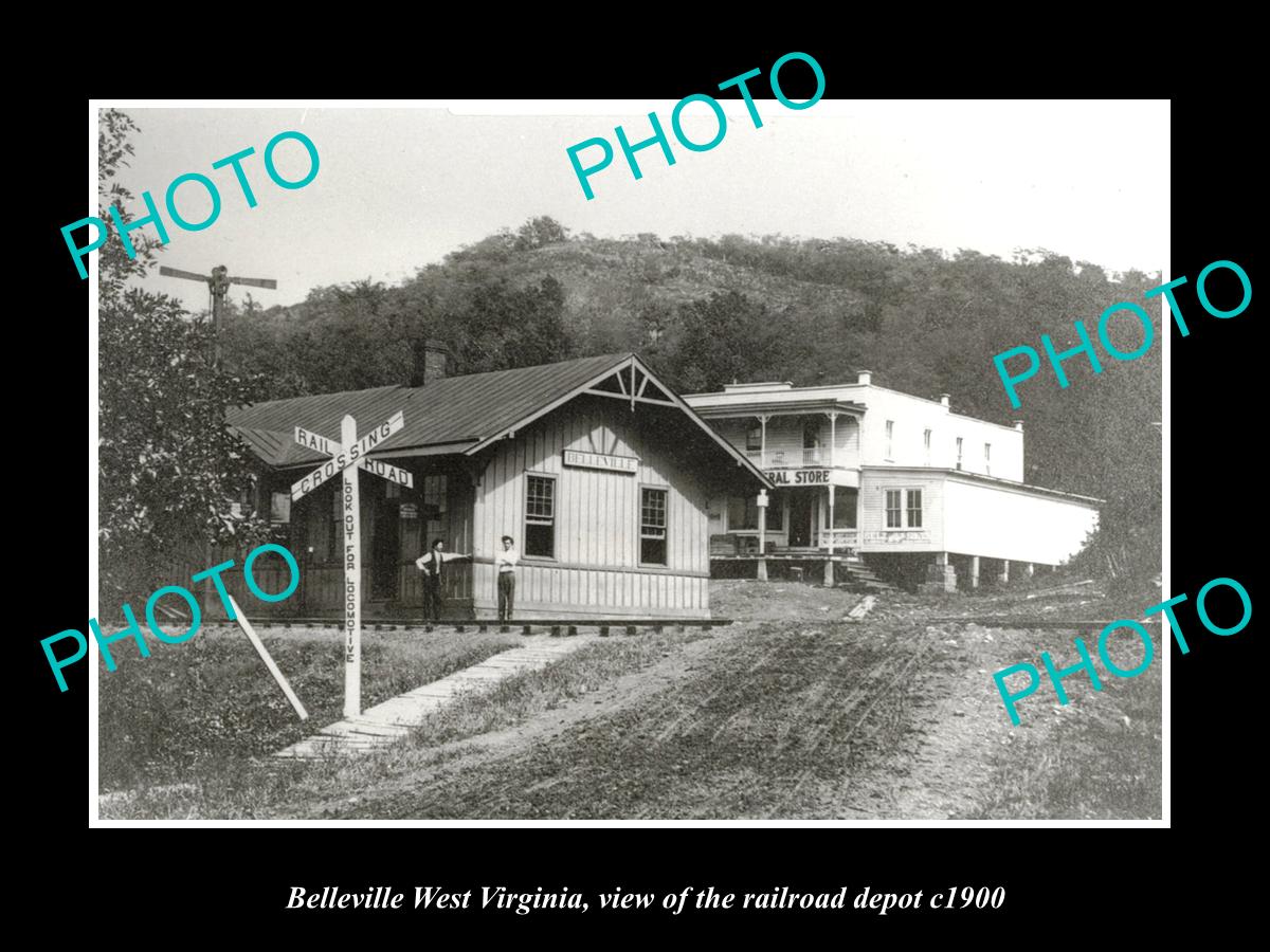 OLD LARGE HISTORIC PHOTO OF BELLEVILLE WEST VIRGINIA, THE RAILROAD STATION c1900