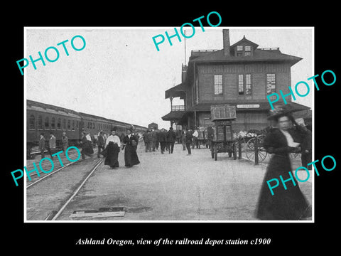 OLD LARGE HISTORIC PHOTO OF ASHLAND OREGON, VIEW OF THE RAILROAD DEPOT c1900