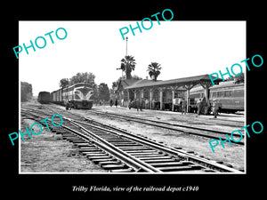 OLD LARGE HISTORIC PHOTO TRILBY FLORIDA, THE RAILROAD DEPOT STATION c1940