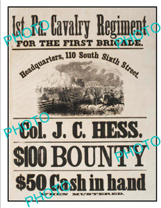 OLD HISTORIC AMERICAN CIVIL WAR POSTER, 1st PENNSYLVANIA CAVALRY REGIMENT c1860