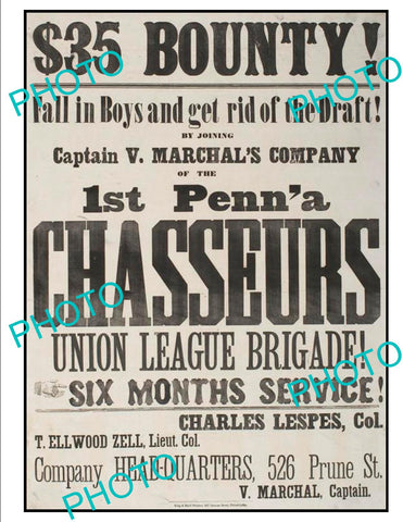 OLD HISTORIC AMERICAN CIVIL WAR POSTER, 1st PENNSYLVANIA CHASSEURS MILITIA c1860