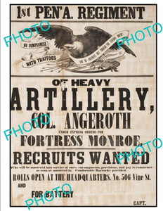 OLD HISTORIC AMERICAN CIVIL WAR POSTER, 1st PENNSYLVANIA HEAVY ARTILLARY c1860