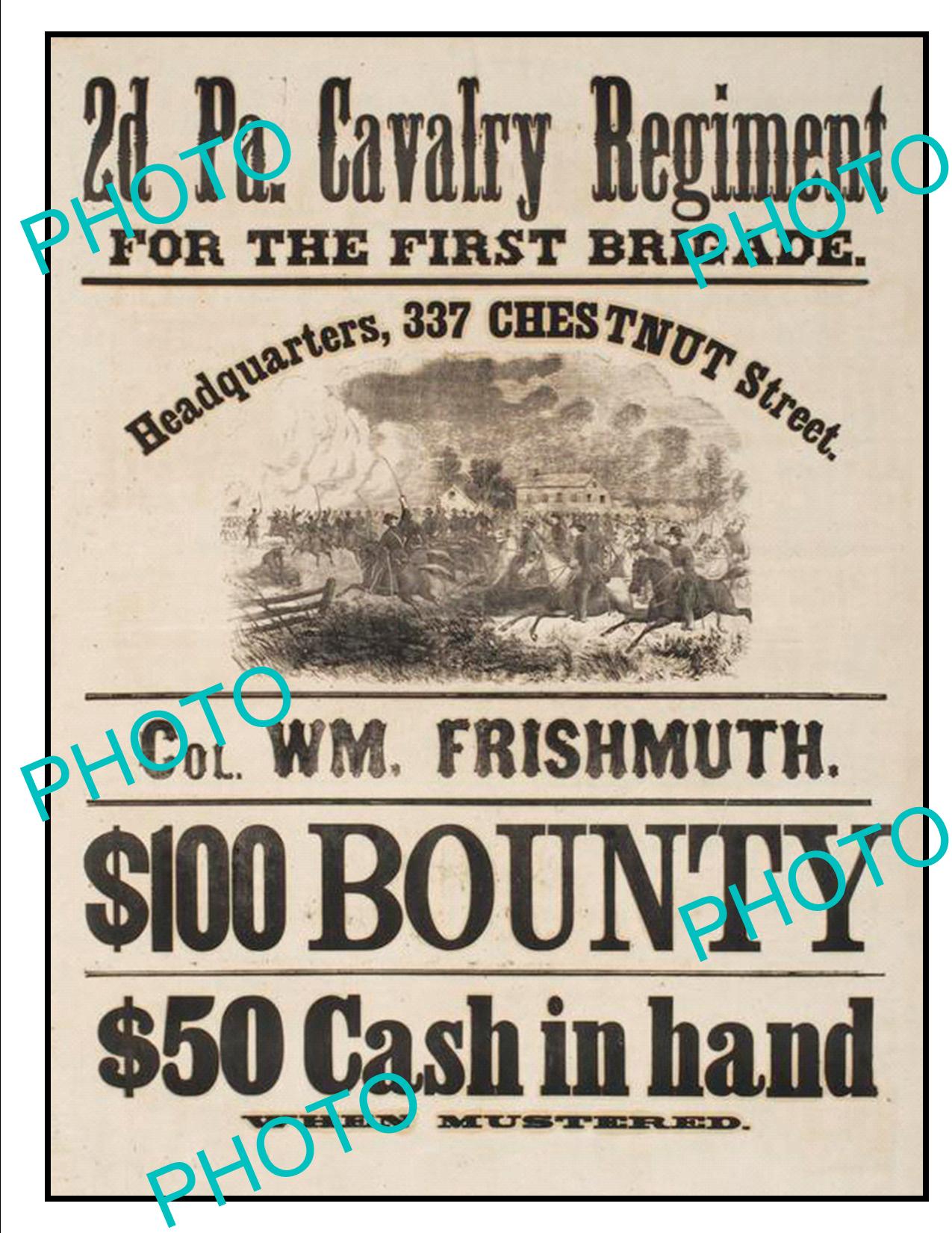 OLD HISTORIC AMERICAN CIVIL WAR POSTER, 2ND PENNSYLVANIA CAVALRY REGIMENT c1860