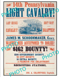 OLD HISTORIC AMERICAN CIVIL WAR POSTER, 14th PENNSYLVANIA LIGHT CAVALRY c1860