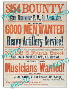 OLD HISTORIC AMERICAN CIVIL WAR POSTER, 12th PENNSYLVANIA HEAVY ARTILLERY c1860