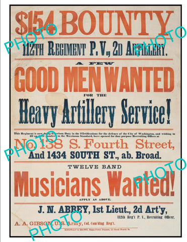 OLD HISTORIC AMERICAN CIVIL WAR POSTER, 12th PENNSYLVANIA HEAVY ARTILLERY c1860