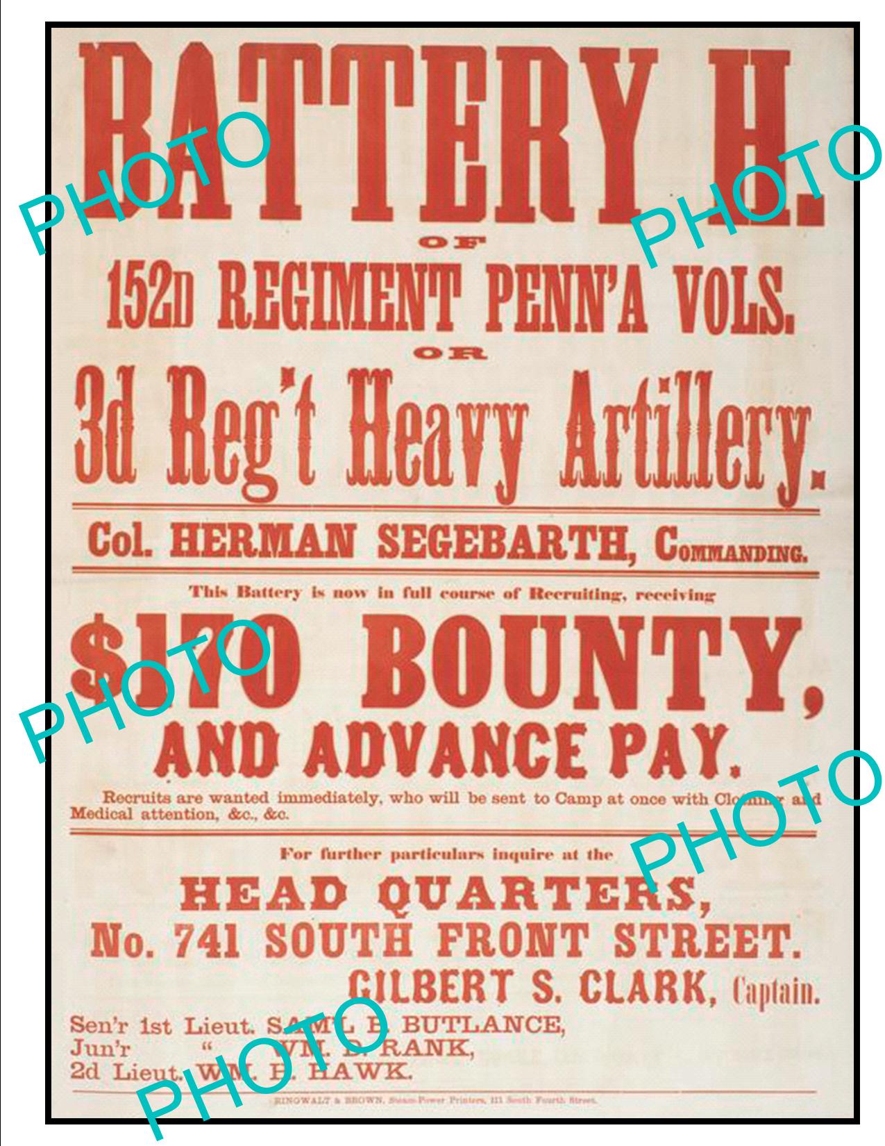 OLD HISTORIC AMERICAN CIVIL WAR POSTER, 152nd PENNSYLVANIA REGIMENT c1860