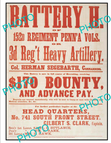 OLD HISTORIC AMERICAN CIVIL WAR POSTER, 152nd PENNSYLVANIA REGIMENT c1860