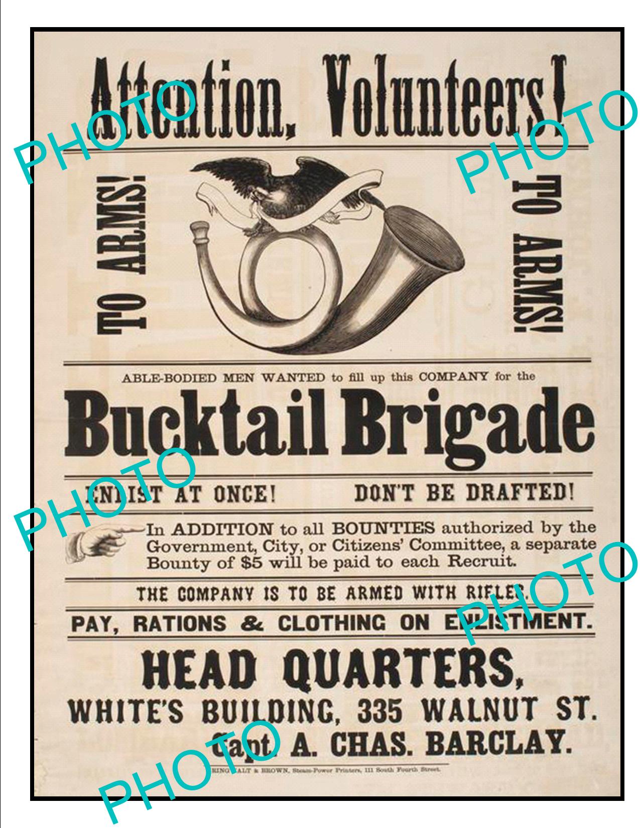 OLD HISTORIC AMERICAN CIVIL WAR POSTER, PENNSYLVANIA BUCKTAIL BRIGADE c1860