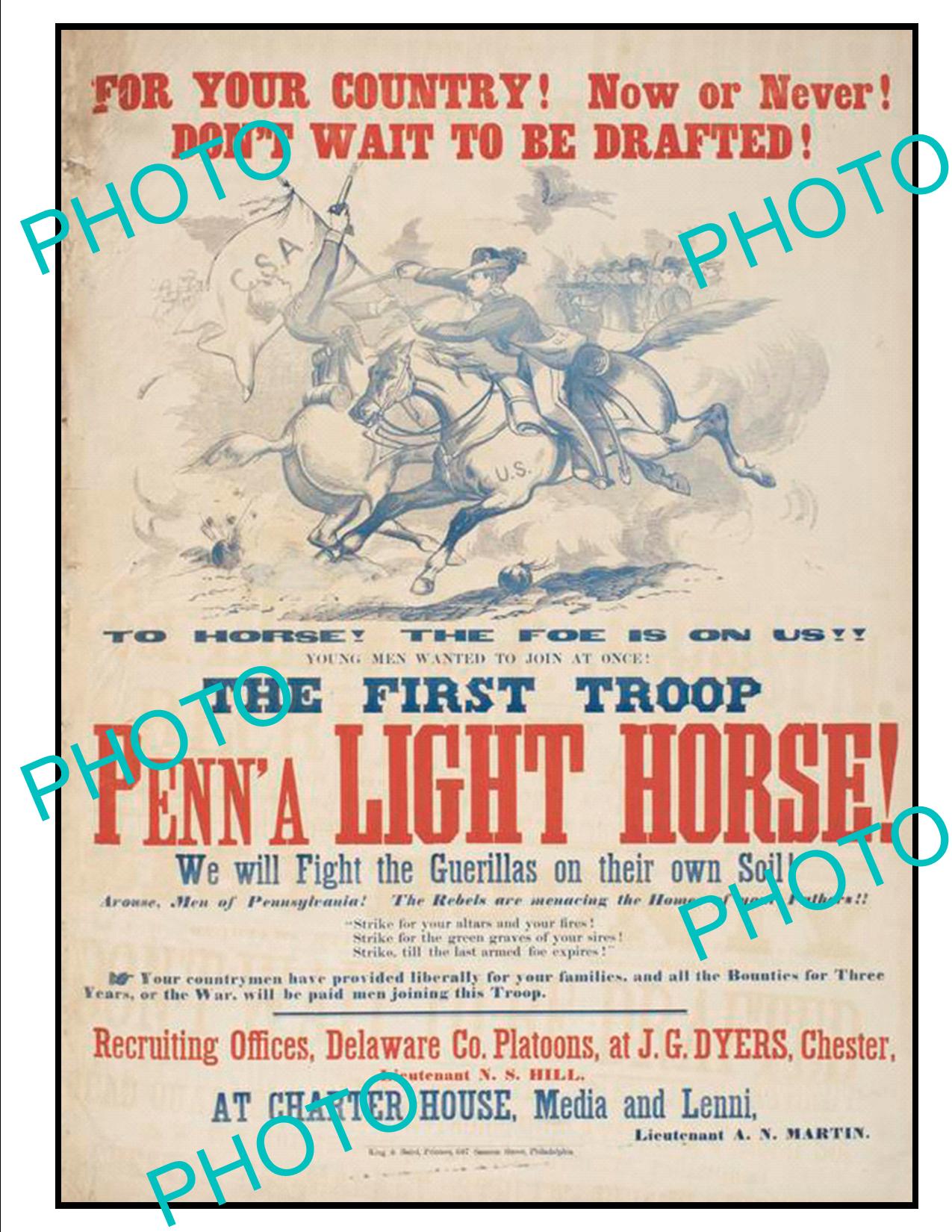 OLD HISTORIC AMERICAN CIVIL WAR POSTER, THE PENNSYLVANIA LIGHT HORSE c1860