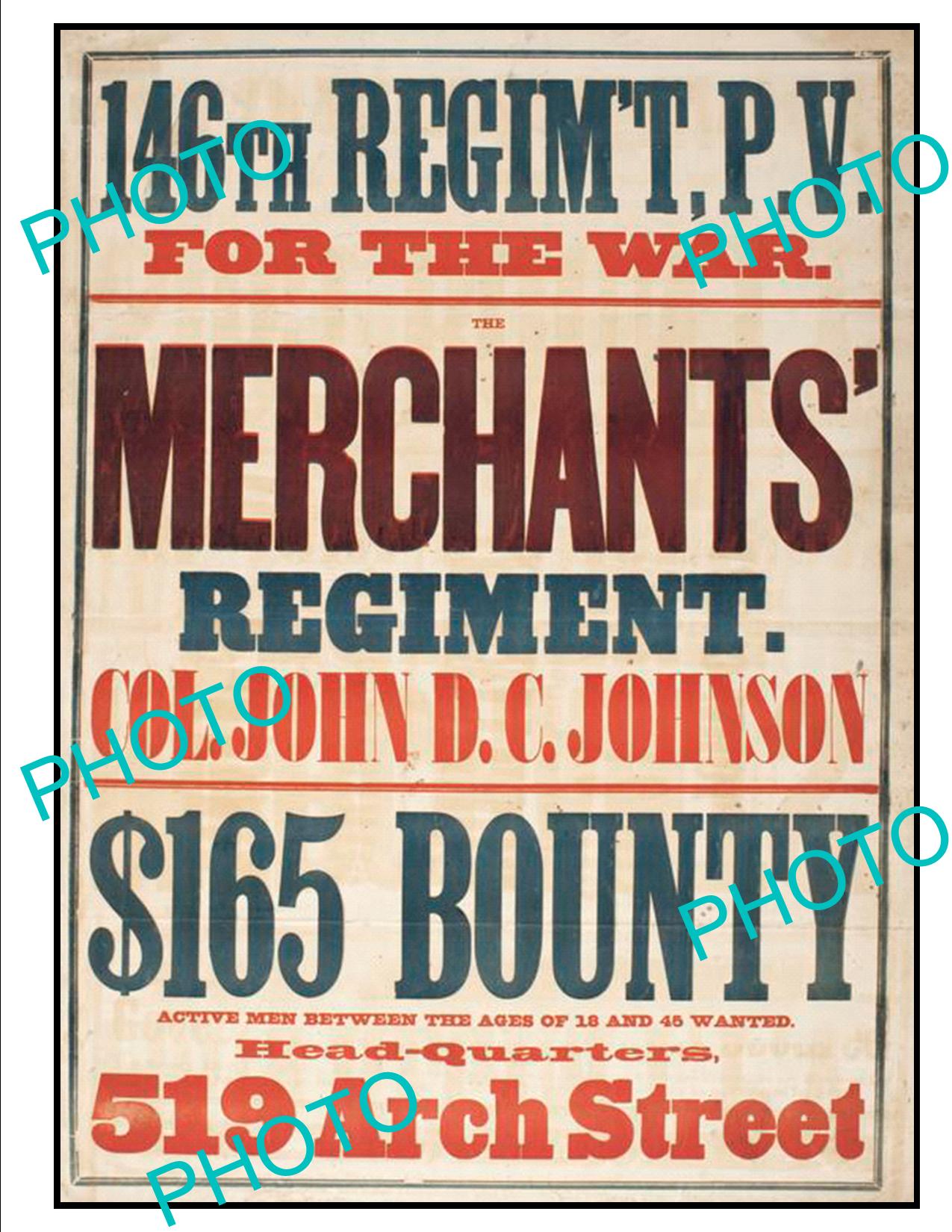 OLD HISTORIC AMERICAN CIVIL WAR POSTER, PENNSYLVANIA MERCHANTS REGIMENT c1860