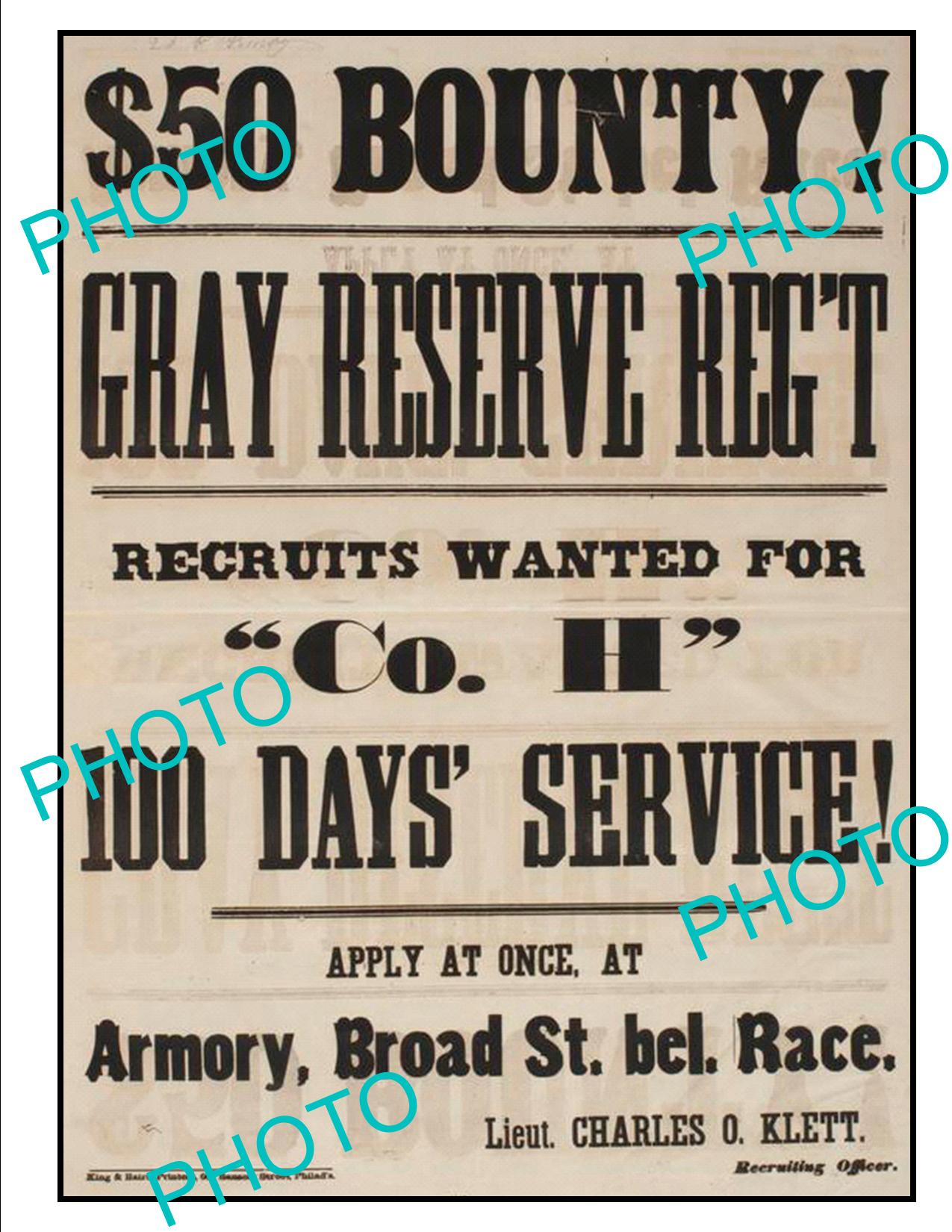 OLD HISTORIC AMERICAN CIVIL WAR POSTER, PENNSYLVANIA MILITIA GREY RESERVES c1860