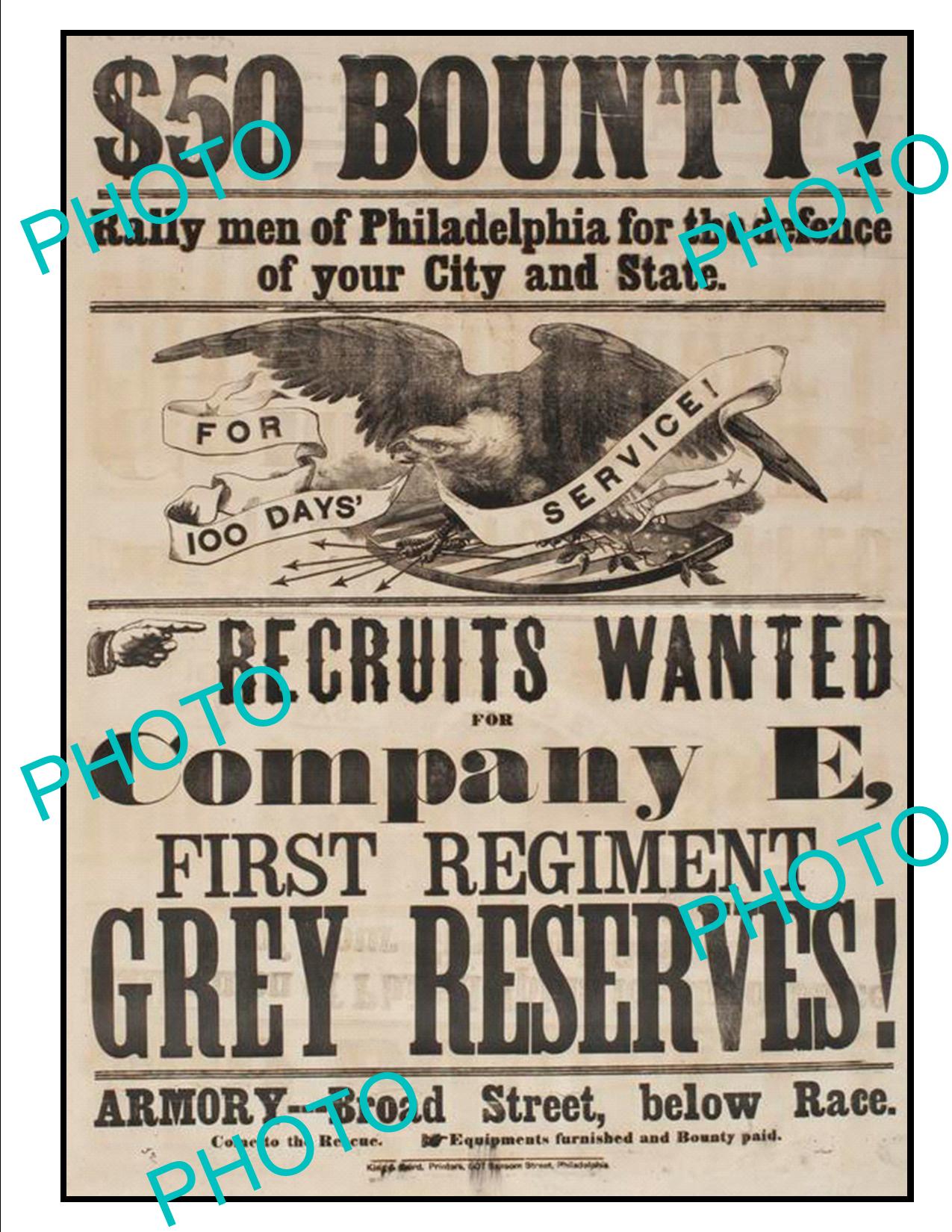 OLD HISTORIC AMERICAN CIVIL WAR POSTER, GREY RESERVES PENNSYLVANIA MILITIA c1860