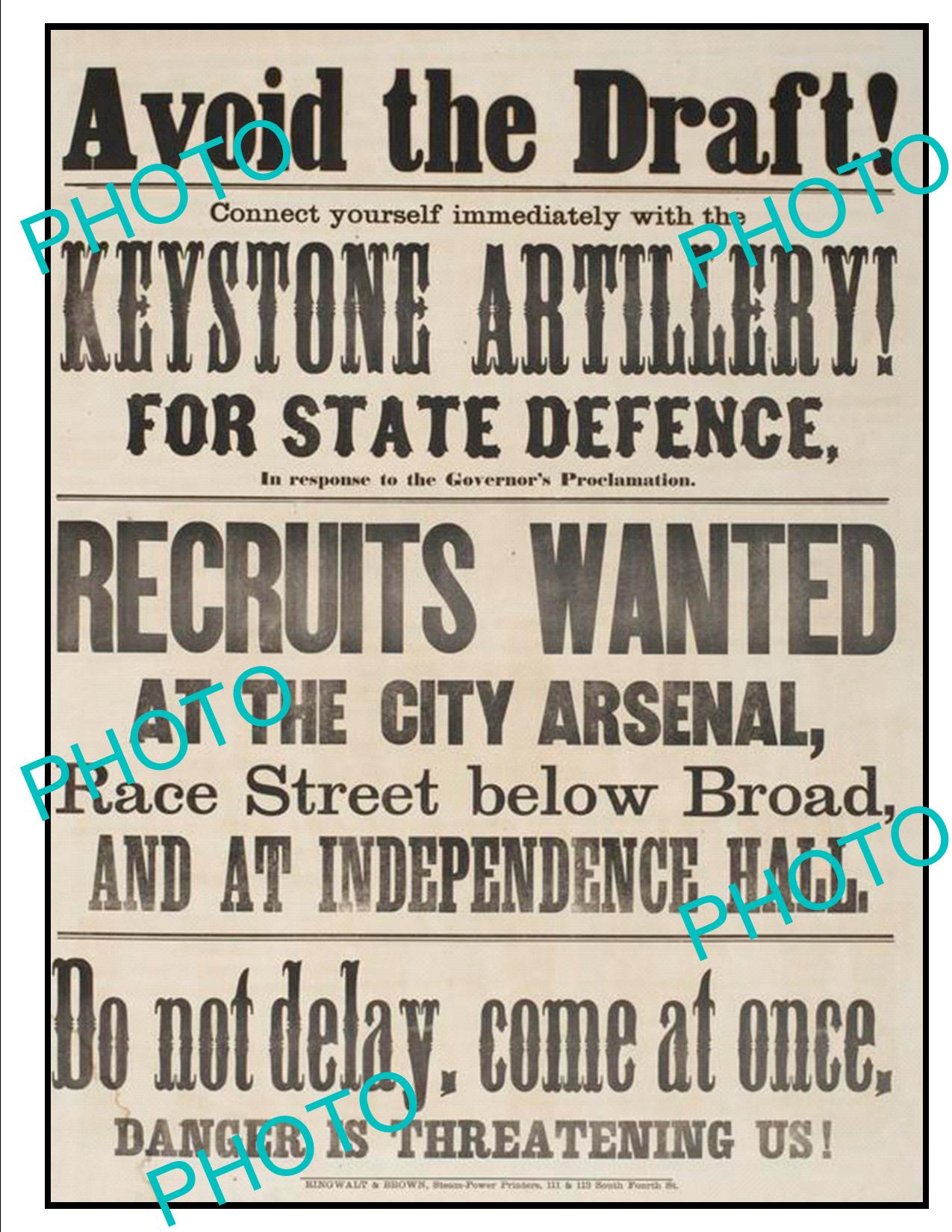 OLD HISTORIC AMERICAN CIVIL WAR POSTER, PENNSYLVANIA KEYSTONE ARTILLERY c1860