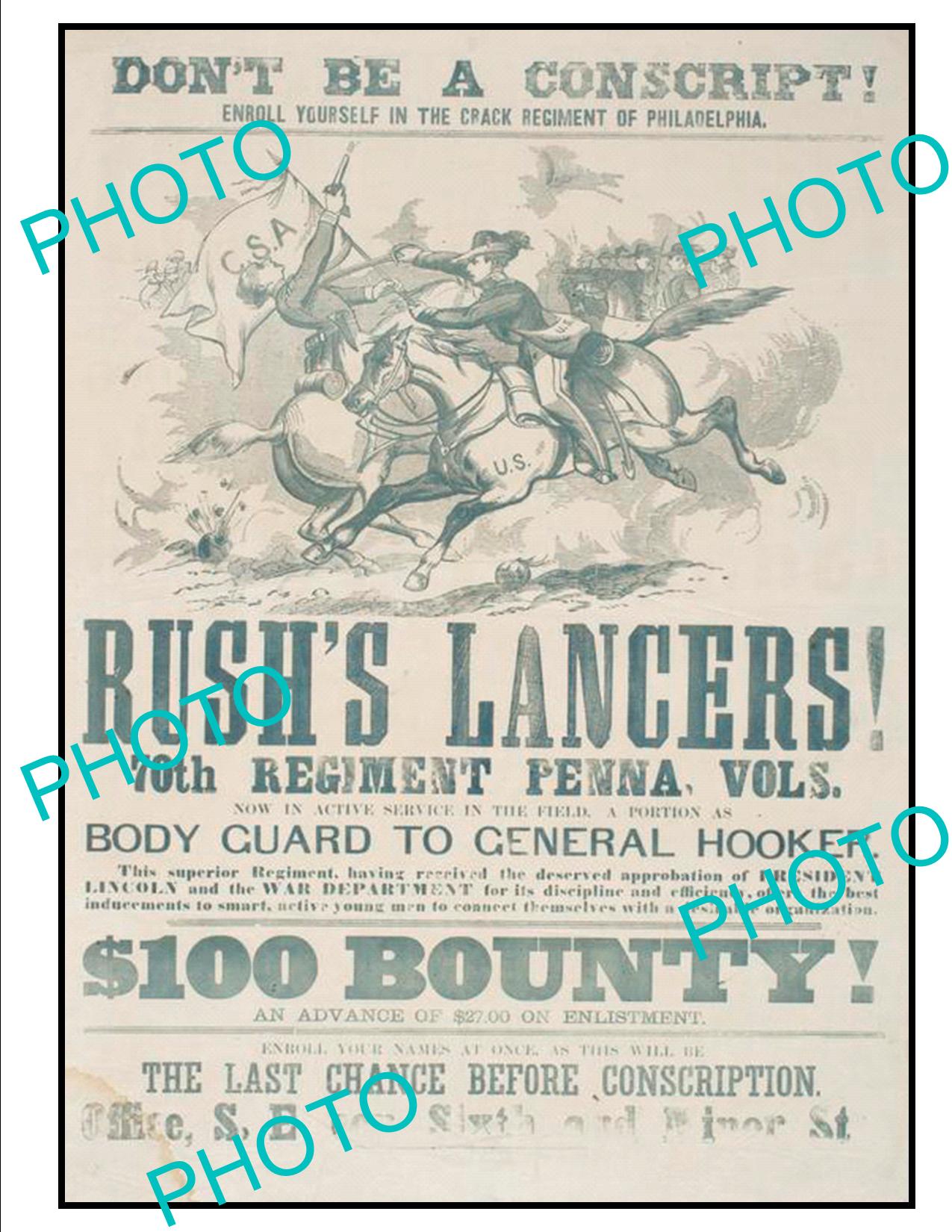 OLD HISTORIC AMERICAN CIVIL WAR POSTER, PENNSYLVANIA RUSHS LANCERS c1860