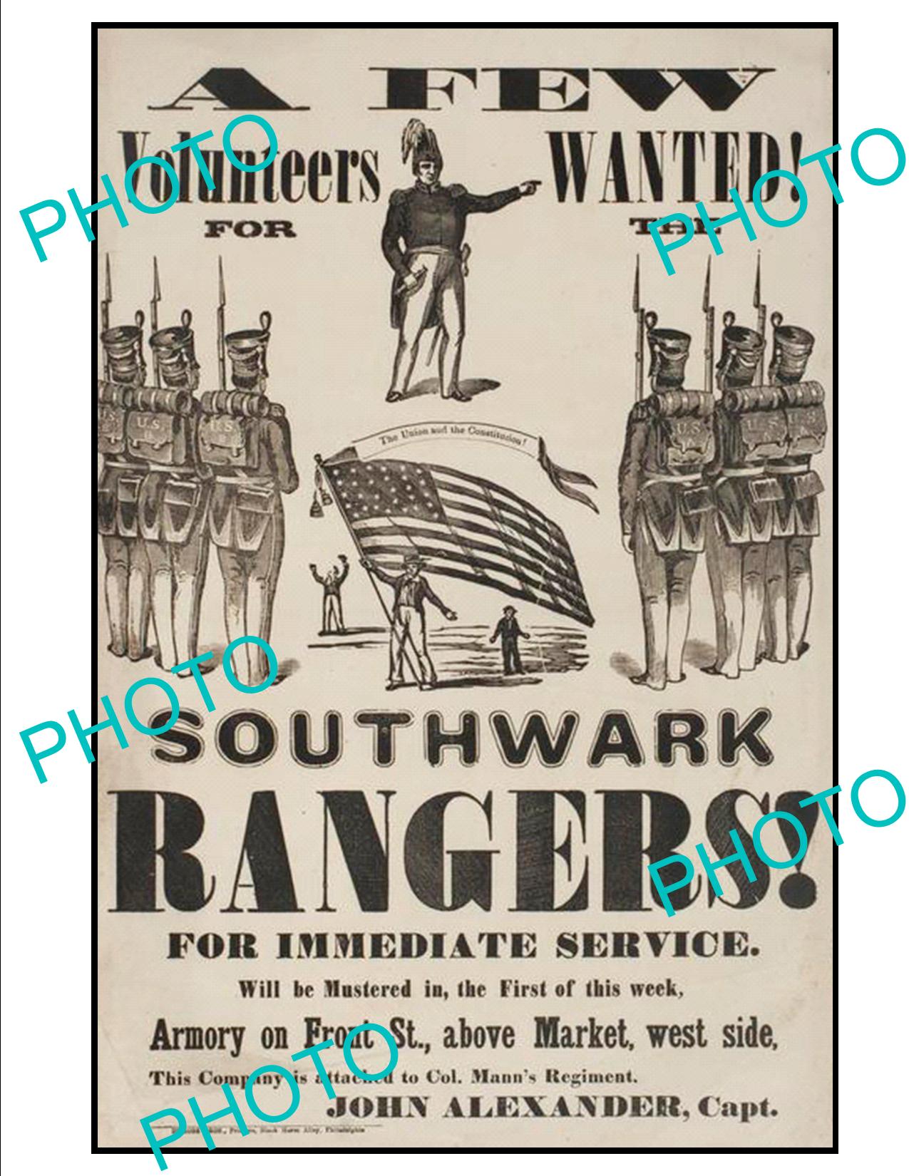 OLD HISTORIC AMERICAN CIVIL WAR POSTER, PENNSYLVANIA SOUTHWARK RANGERS c1860