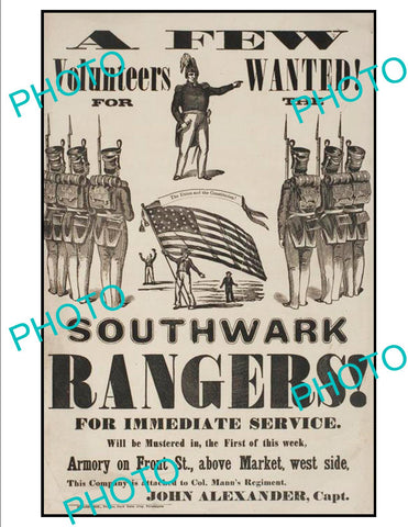 OLD HISTORIC AMERICAN CIVIL WAR POSTER, PENNSYLVANIA SOUTHWARK RANGERS c1860