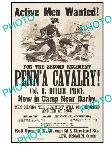 OLD HISTORIC AMERICAN CIVIL WAR POSTER, 2nd REGIMENT PENNSYLVANIA  CAVALRY c1860