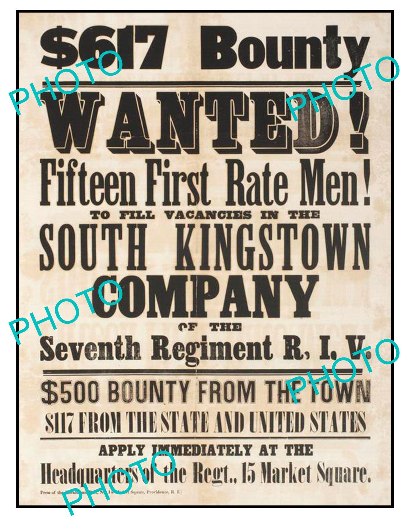 OLD HISTORIC AMERICAN CIVIL WAR POSTER, RHODE ISLAND SOUTH KINGSTON c1860