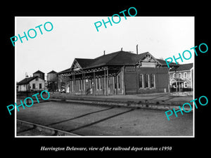 OLD LARGE HISTORIC PHOTO OF HARRINGTON DELAWARE, THE RAILROAD DEPOT c1950